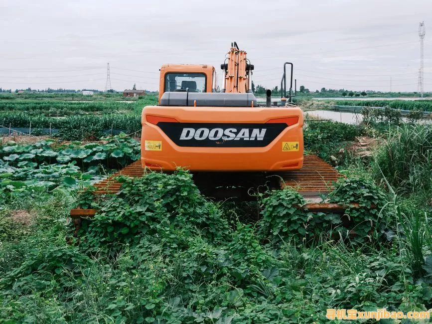 Bright orange excavator working in a lush green agricultural field under a cloudy sky.